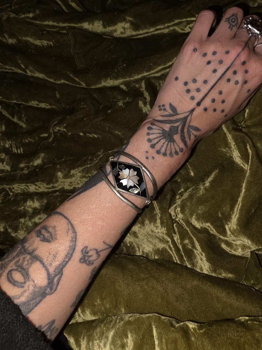 Black Inlay Flower Cuff Bracelet